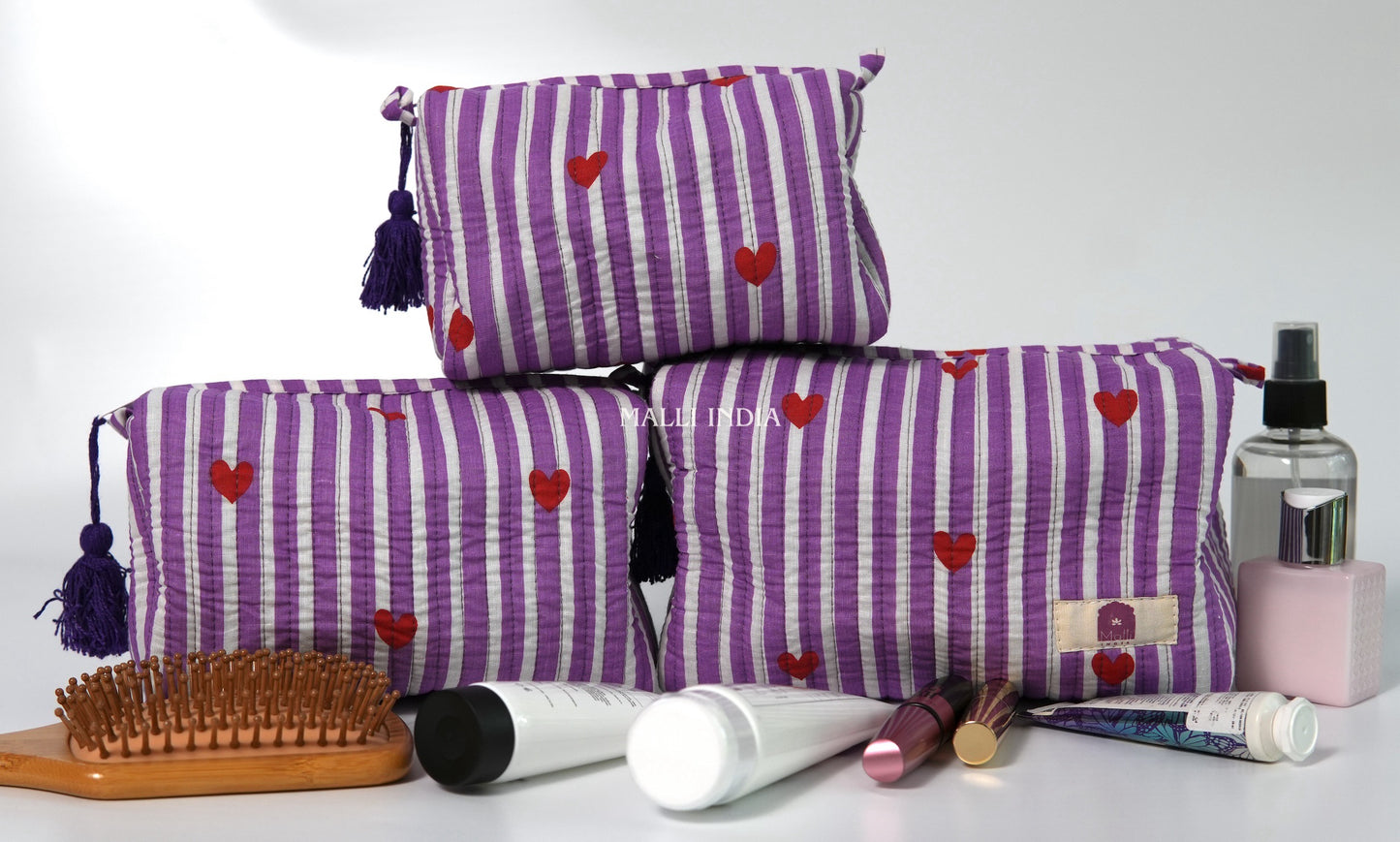 Set of 3 Vanity Pouches - Mini hearts on purple stripes