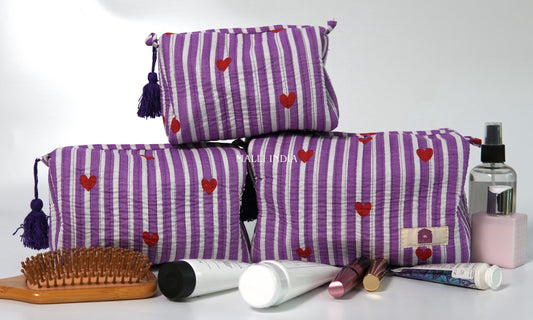 Set of 3 Vanity Pouches - Mini hearts on purple stripes