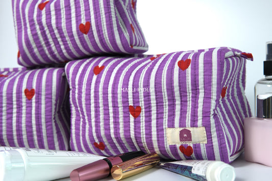 Set of 3 Vanity Pouches - Mini hearts on purple stripes