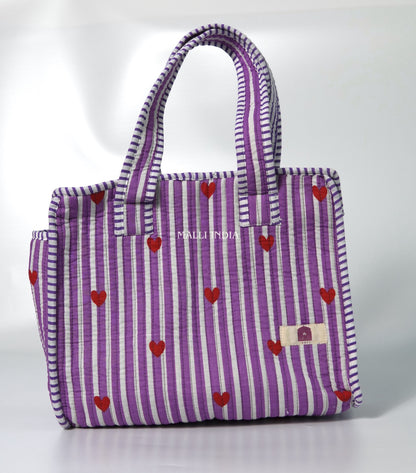 Lunch bag with zipper closure - Mini hearts on purple stripes