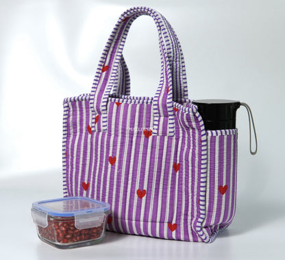 Lunch bag with zipper closure - Mini hearts on purple stripes