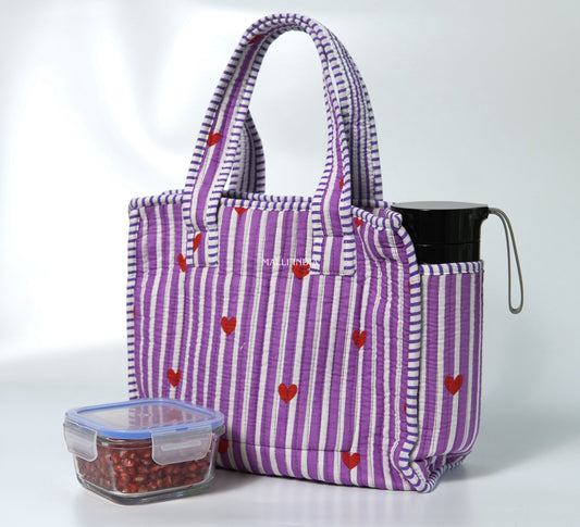 Lunch bag with zipper closure - Mini hearts on purple stripes
