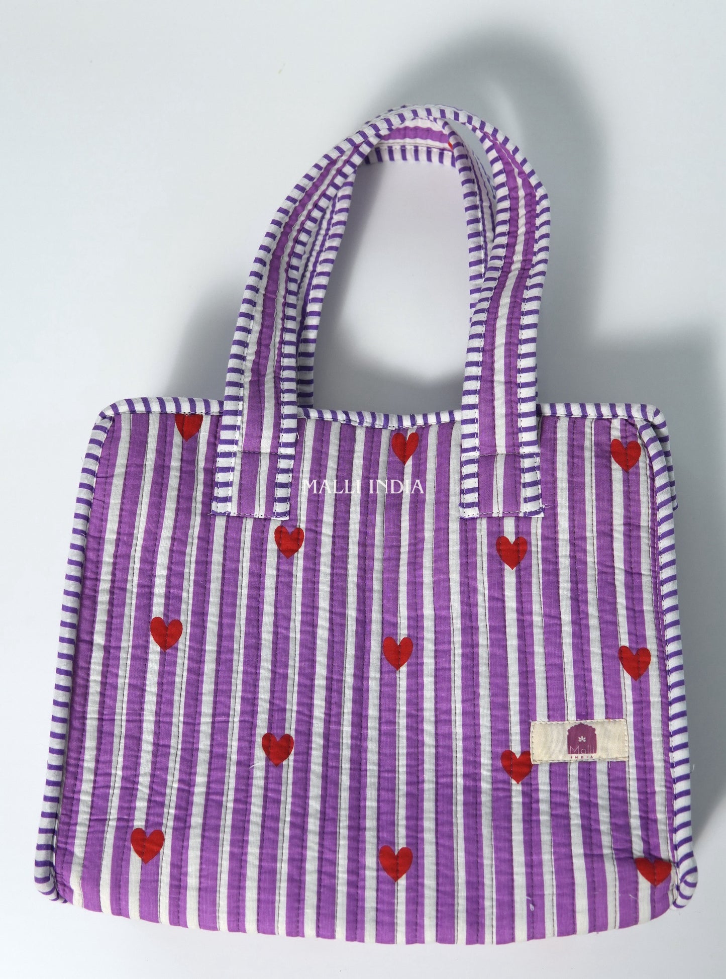 Lunch bag with zipper closure - Mini hearts on purple stripes