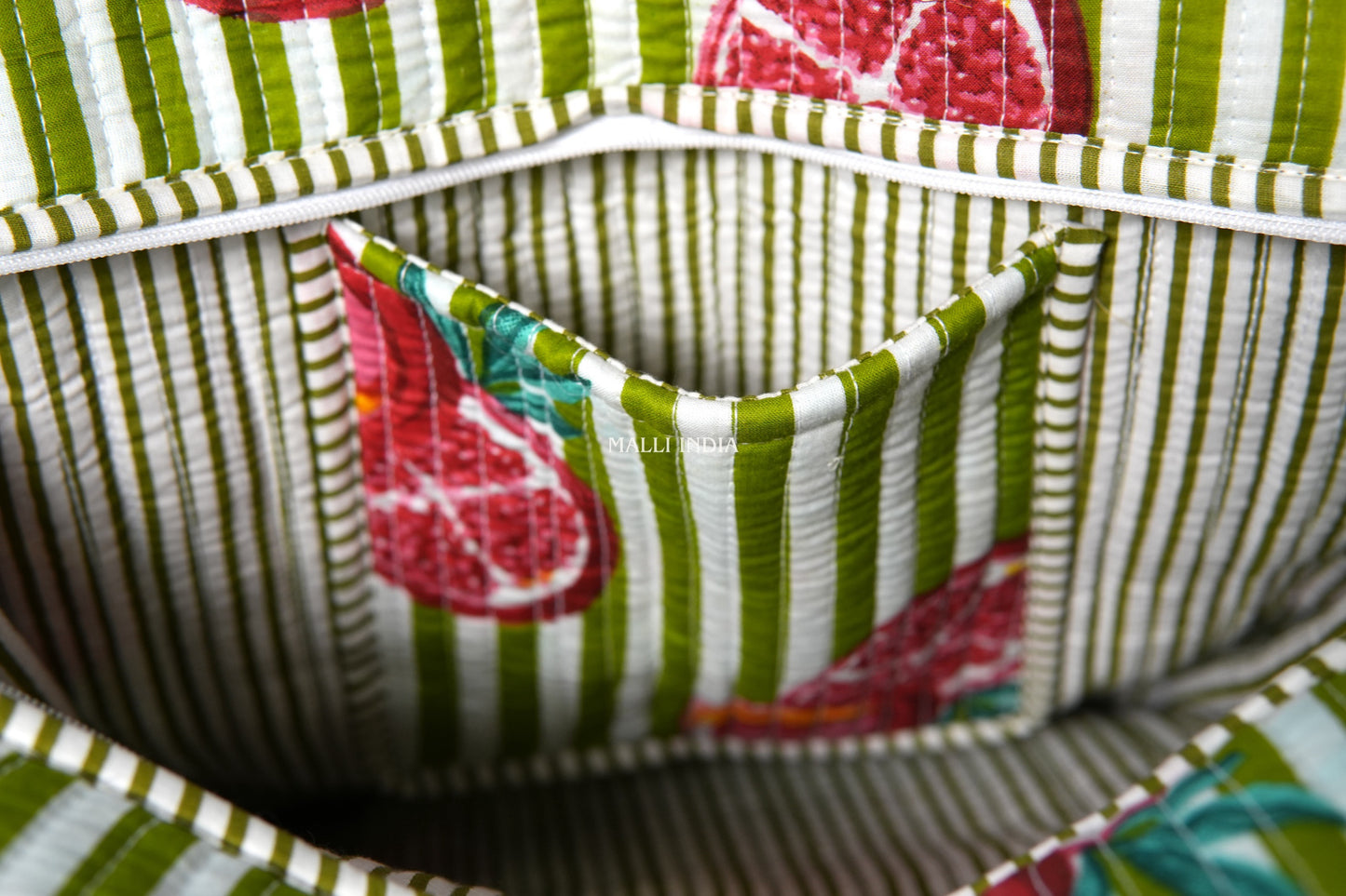 Travel tote bag with zipper closure - Pomegranates on green stripes