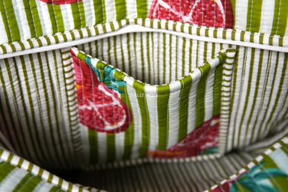 Travel tote bag with zipper closure - Pomegranates on green stripes