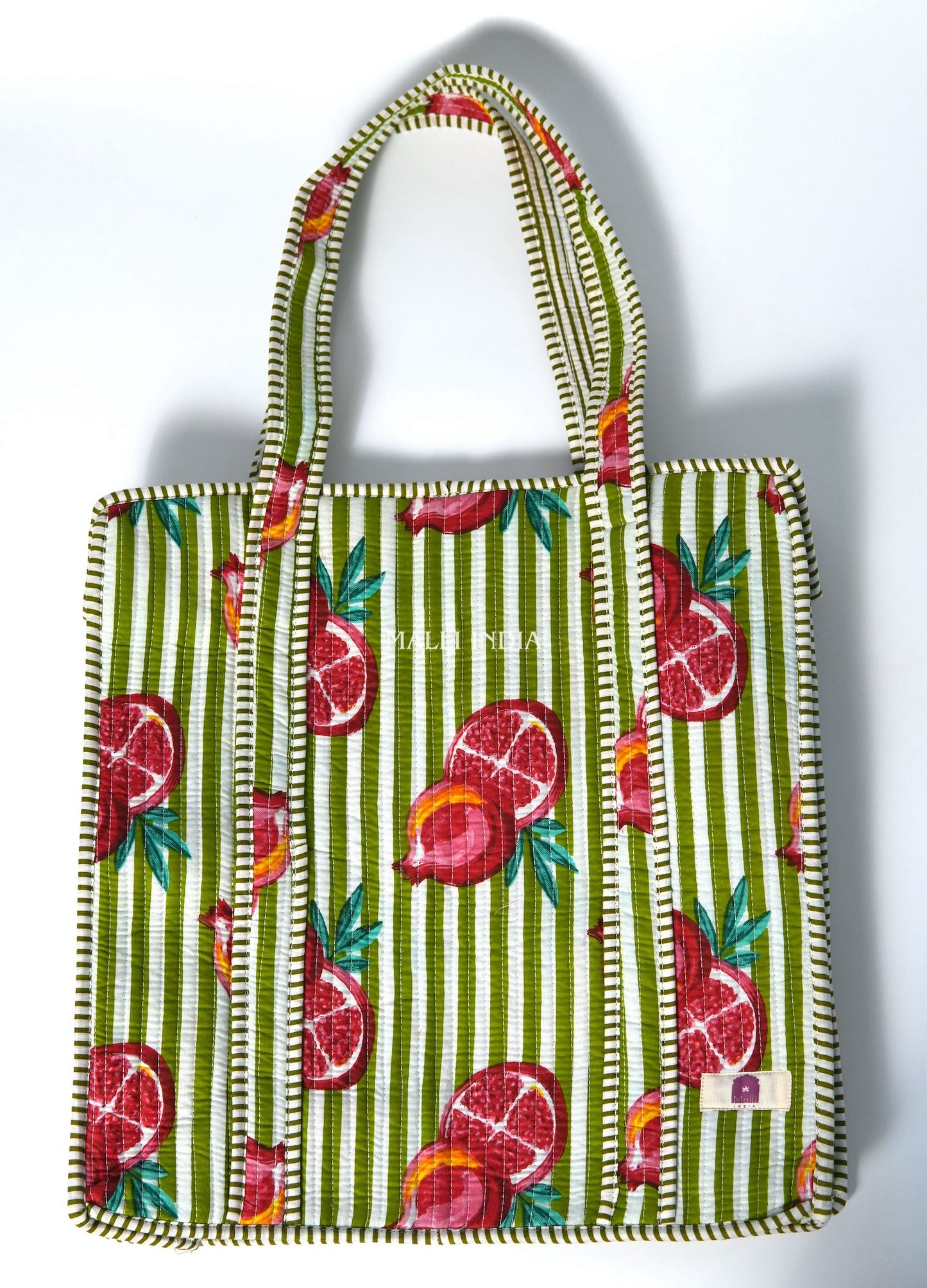 Travel tote bag with zipper closure - Pomegranates on green stripes
