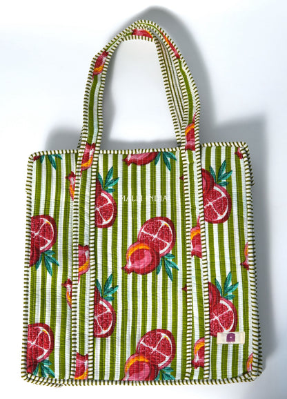 Travel tote bag with zipper closure - Pomegranates on green stripes