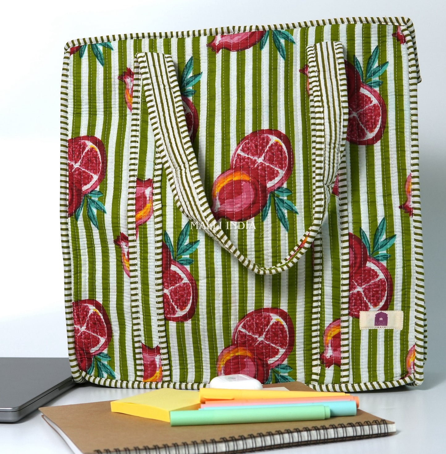 Travel tote bag with zipper closure - Pomegranates on green stripes