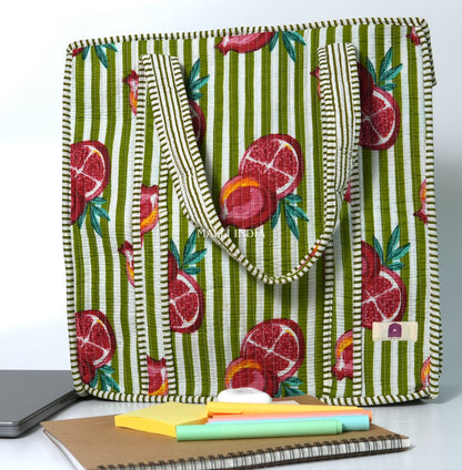 Travel tote bag with zipper closure - Pomegranates on green stripes