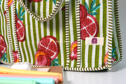 Travel tote bag with zipper closure - Pomegranates on green stripes