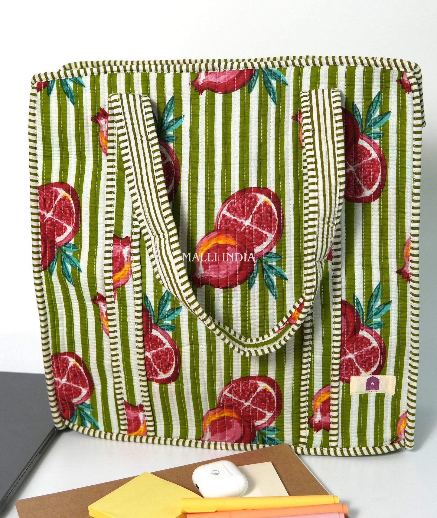 Travel tote bag with zipper closure - Pomegranates on green stripes