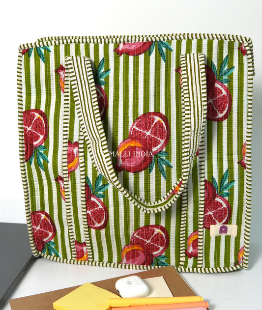 Travel tote bag with zipper closure - Pomegranates on green stripes