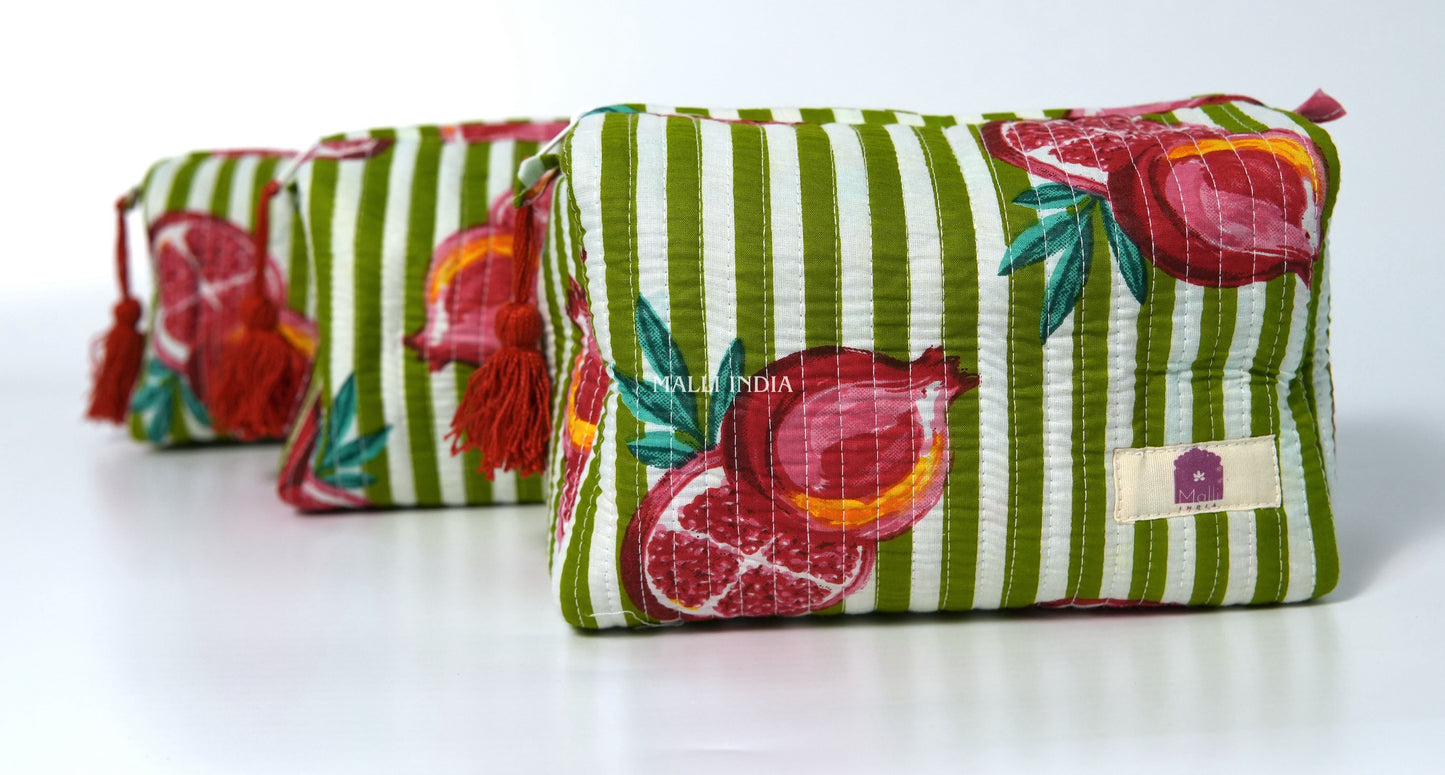 Set of 3 Vanity Pouches - Pomegranates on green stripes
