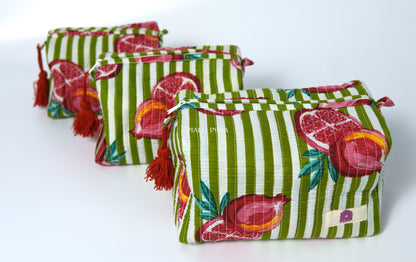 Set of 3 Vanity Pouches - Pomegranates on green stripes