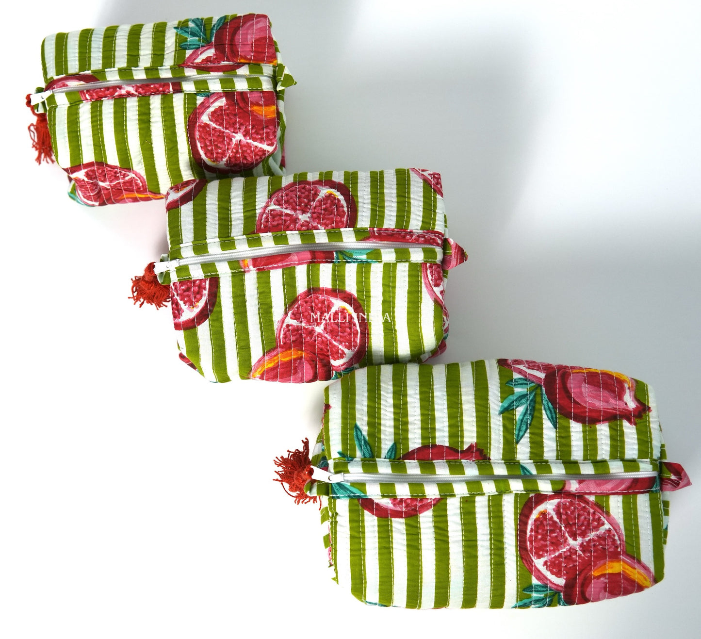 Set of 3 Vanity Pouches - Pomegranates on green stripes