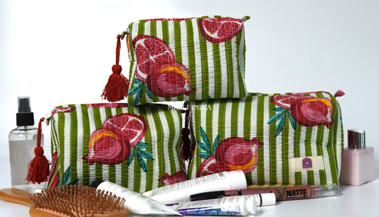 Set of 3 Vanity Pouches - Pomegranates on green stripes