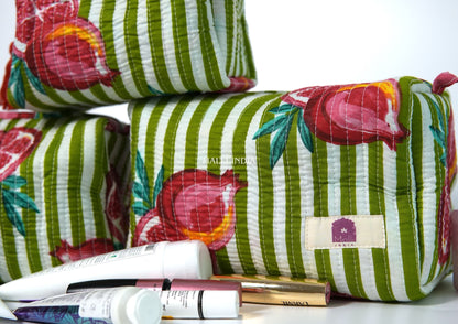 Set of 3 Vanity Pouches - Pomegranates on green stripes