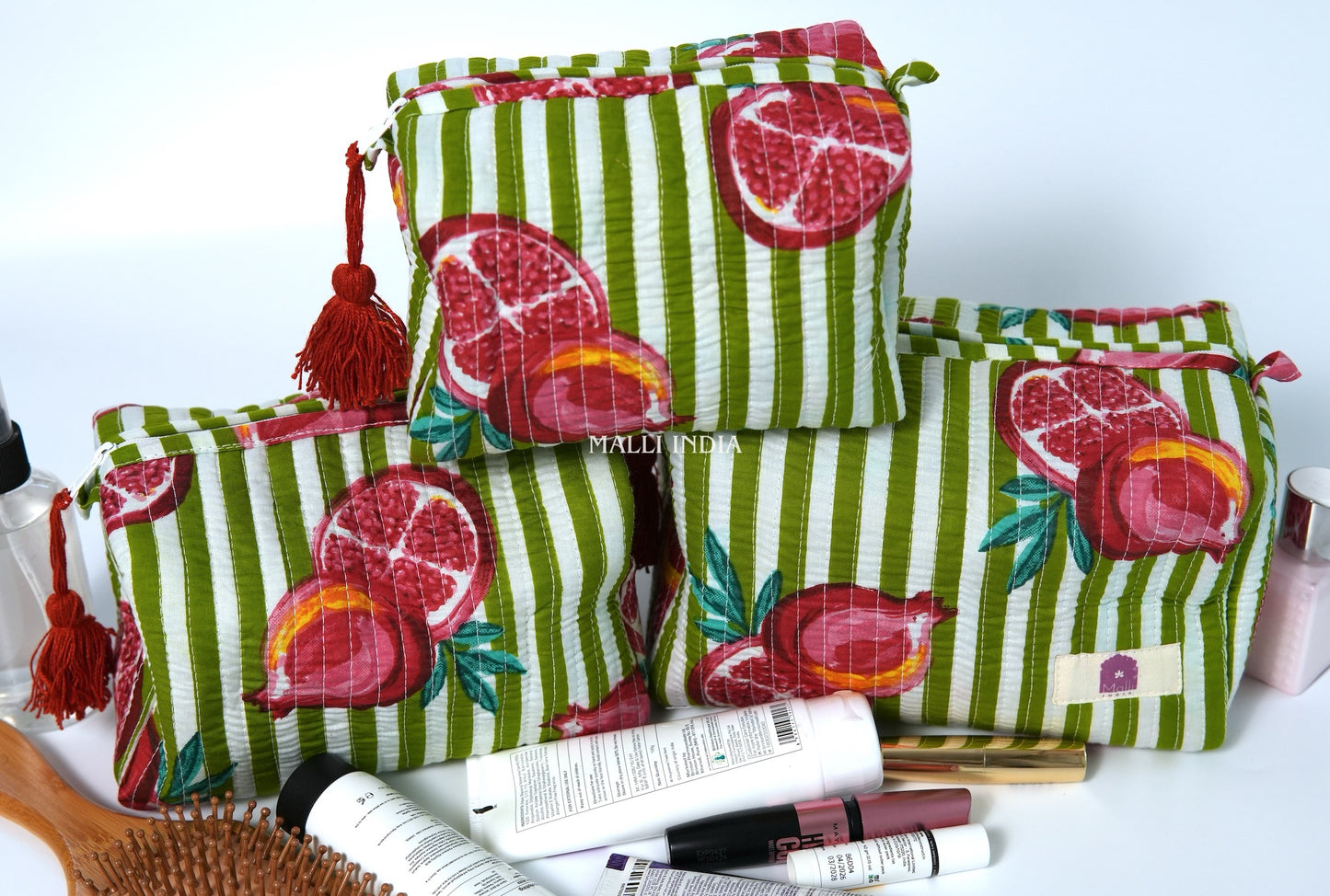Set of 3 Vanity Pouches - Pomegranates on green stripes