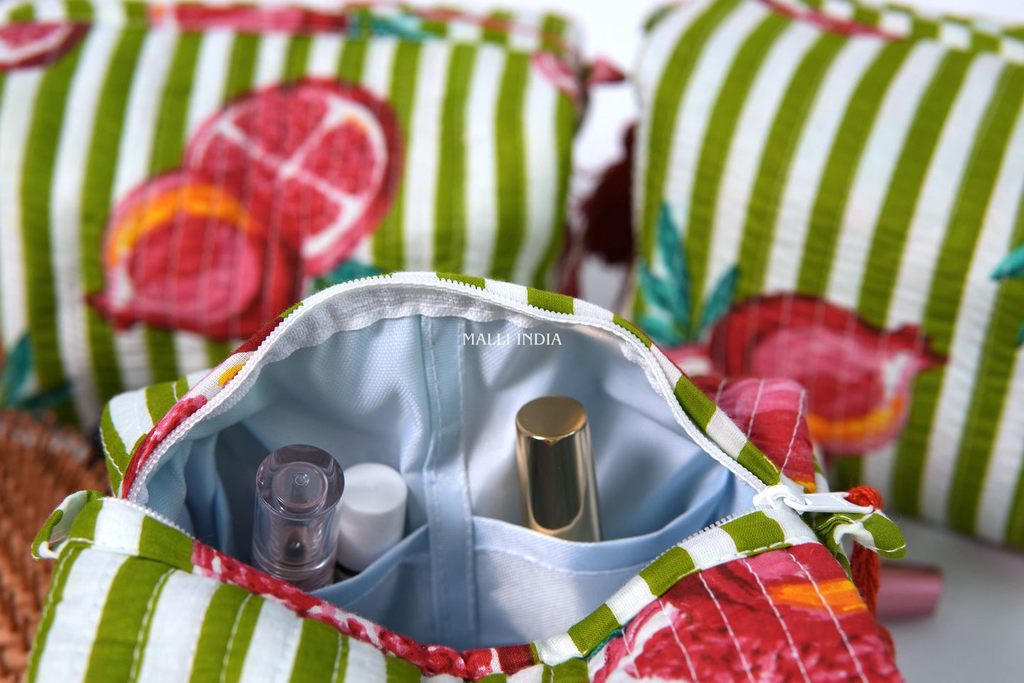 Set of 3 Vanity Pouches - Pomegranates on green stripes