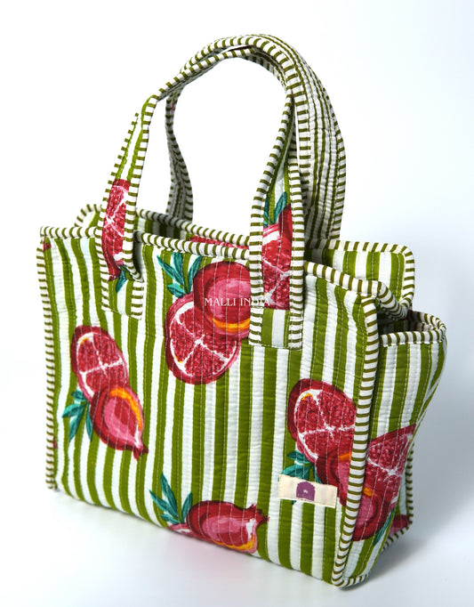 Lunch bag with zipper closure - Pomegranates on green stripes