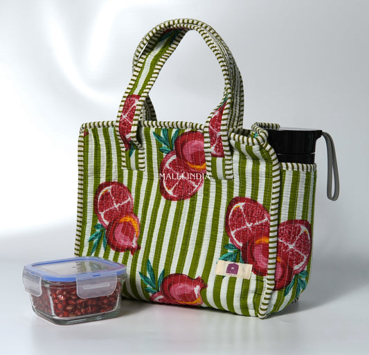 Lunch bag with zipper closure - Pomegranates on green stripes
