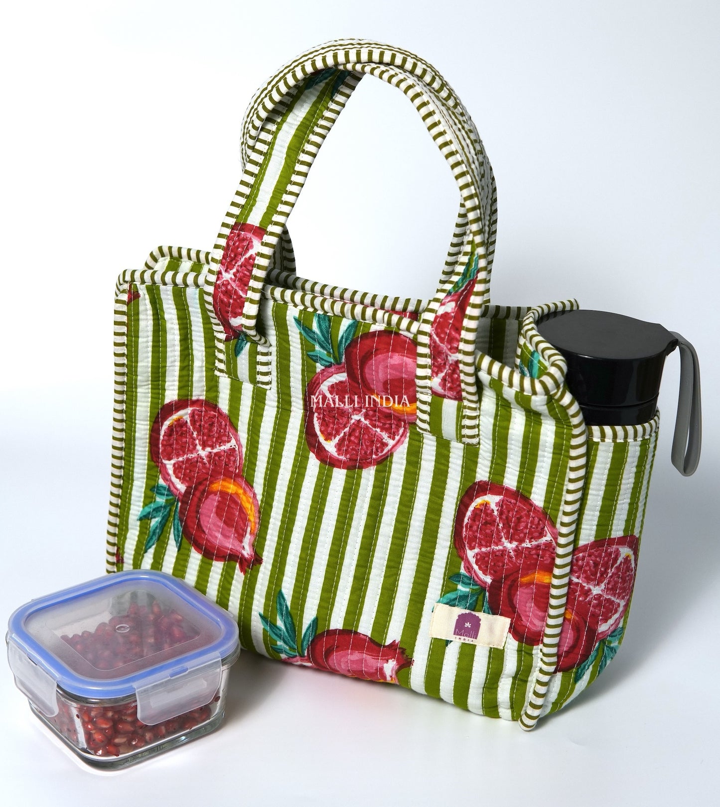 Lunch bag with zipper closure - Pomegranates on green stripes