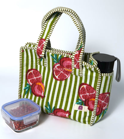 Lunch bag with zipper closure - Pomegranates on green stripes
