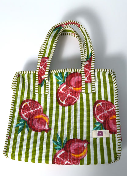 Lunch bag with zipper closure - Pomegranates on green stripes