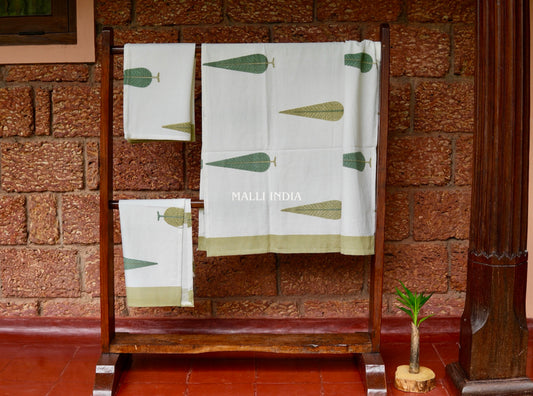 Green Cypress Buta Handblock Printed - Waffle Cotton Towel Set of 3 (1 bath towel & 2 hand towels)