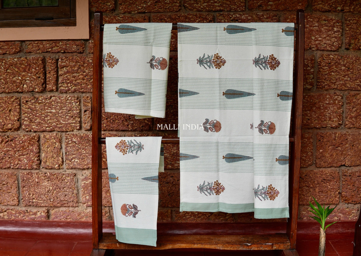 Grey Cypress & Brown Madhumalti Buta Handblock Printed - Waffle Cotton Towel Set of 3 (1 bath towel & 2 hand towels)