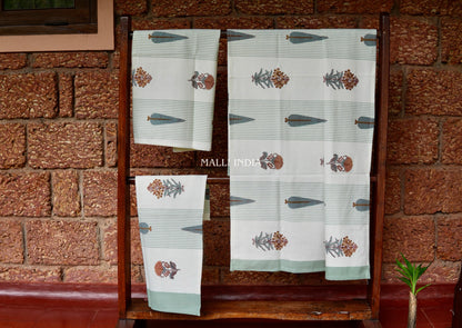 Grey Cypress & Brown Madhumalti Buta Handblock Printed - Waffle Cotton Towel Set of 3 (1 bath towel & 2 hand towels)