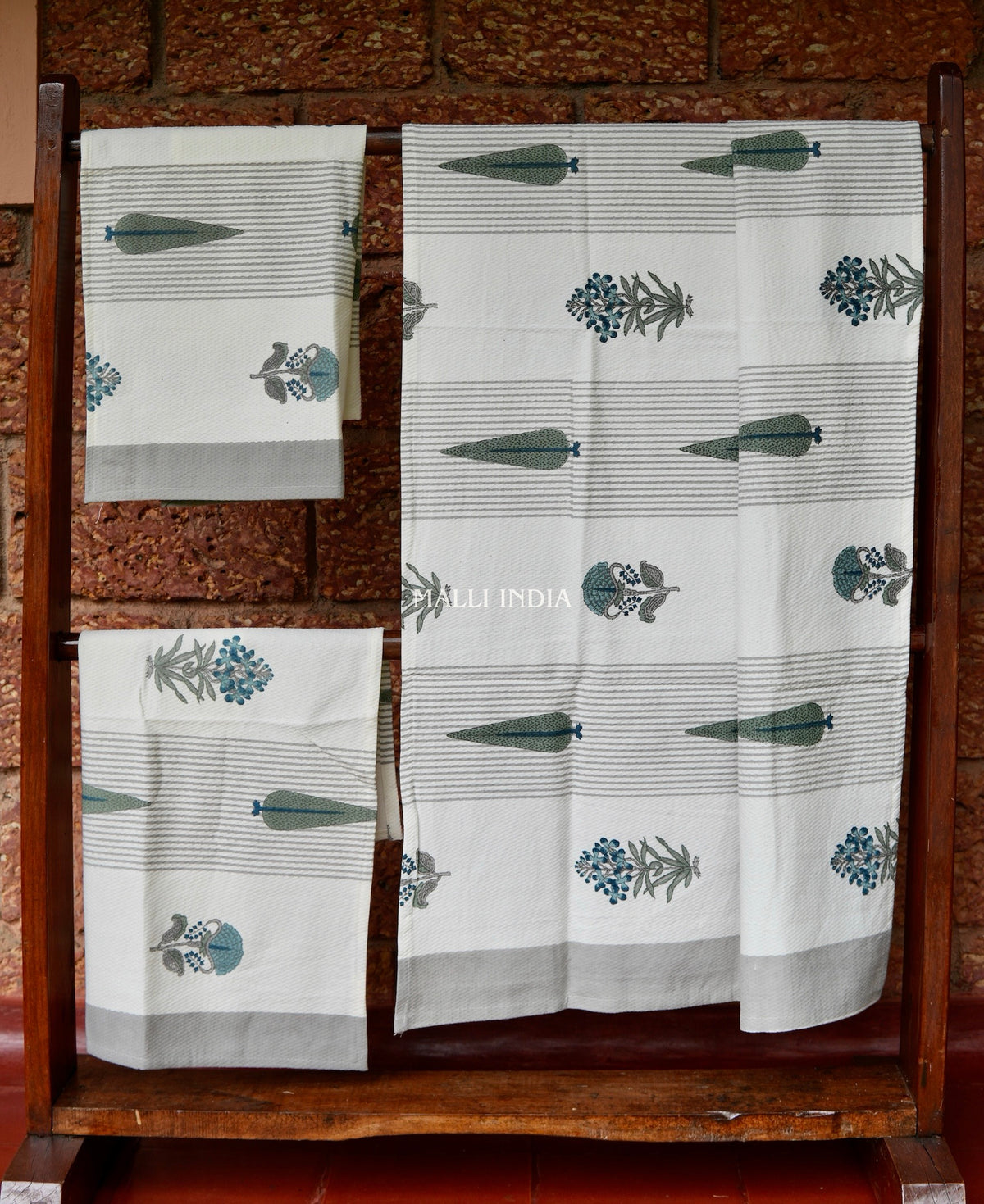 Grey Cypress & Blue Madhumalti Buta Handblock Printed - Waffle Cotton Towel Set of 3 (1 bath towel & 2 hand towels)