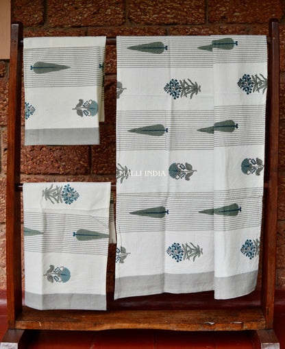 Grey Cypress & Blue Madhumalti Buta Handblock Printed - Waffle Cotton Towel Set of 3 (1 bath towel & 2 hand towels)