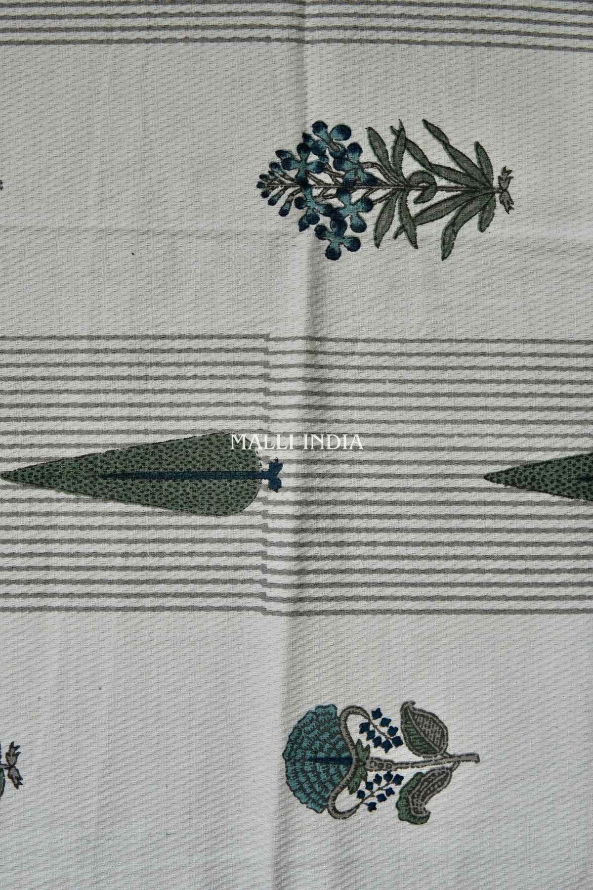 Grey Cypress & Blue Madhumalti Buta Handblock Printed - Waffle Cotton Towel Set of 3 (1 bath towel & 2 hand towels)