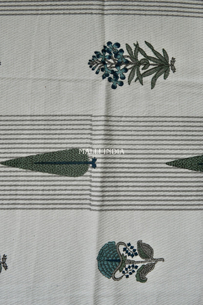 Grey Cypress & Blue Madhumalti Buta Handblock Printed - Waffle Cotton Towel Set of 3 (1 bath towel & 2 hand towels)