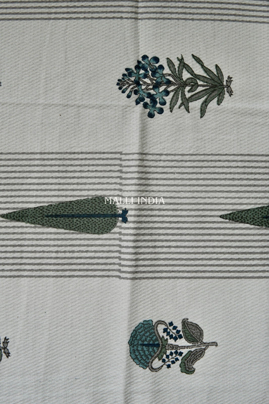 Grey Cypress & Blue Madhumalti Buta Handblock Printed - Waffle Cotton Towel Set of 3 (1 bath towel & 2 hand towels)