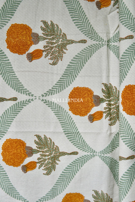 Yellow Marigold Jaal Handblock Printed - Waffle Cotton Towel Set of 3 (1 bath towel & 2 hand towels)