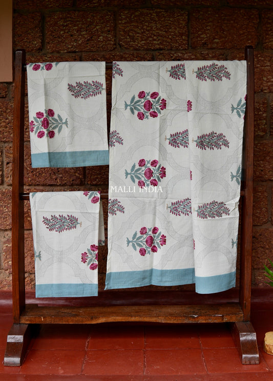 Magenta Gardens Handblock Printed - Waffle Cotton Towel Set of 3 (1 bath towel & 2 hand towels)