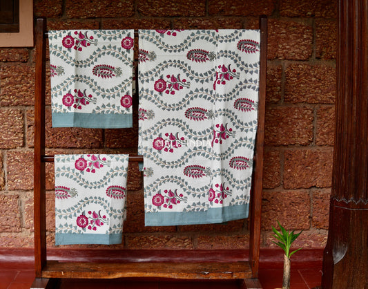 Pink Florals & Leaf Handblock Printed - Waffle Cotton Towel Set of 3 (1 bath towel & 2 hand towels)