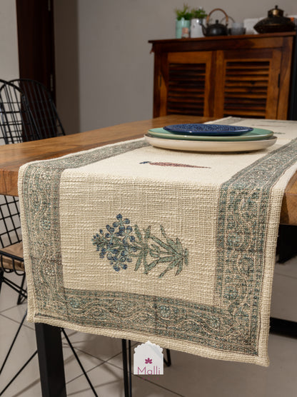 Blue madhumalti flowers with brown leaf - 6 seater runner in jute cotton
