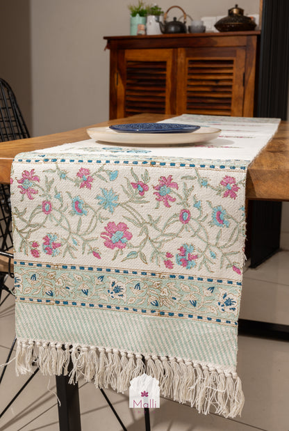 Blue & pink florals - 6 seater runner in slub cotton