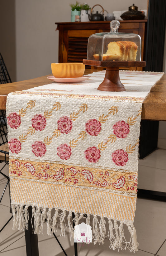 Yellow & pink kairi - 6 seater runner in slub cotton