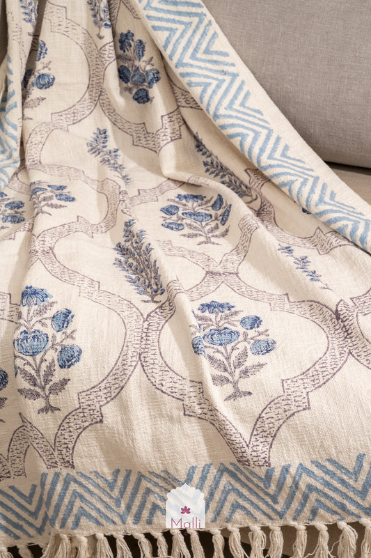 Blue daisy jaal - Handblock printed sofa throw