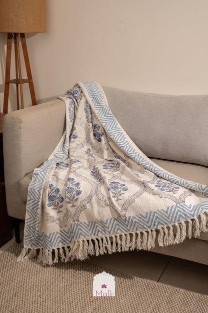 Blue daisy jaal - Handblock printed sofa throw
