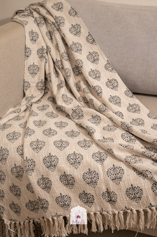 Grey leaf buti - Handblock printed sofa throw