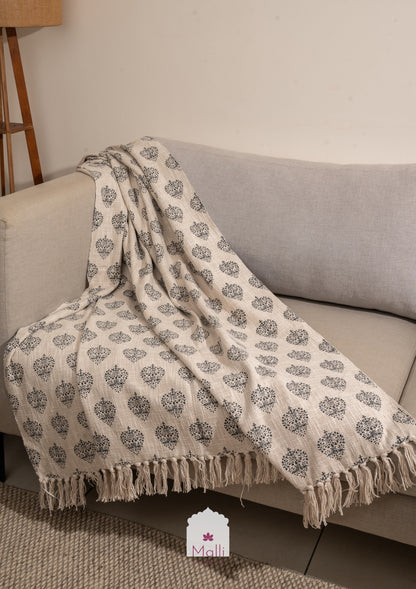 Grey leaf buti - Handblock printed sofa throw