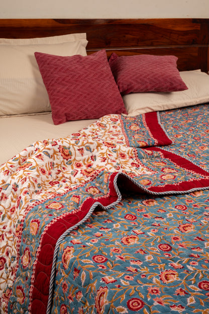 Blue blooming gardens - Handblock printed pure mulmul cotton reversible quilt