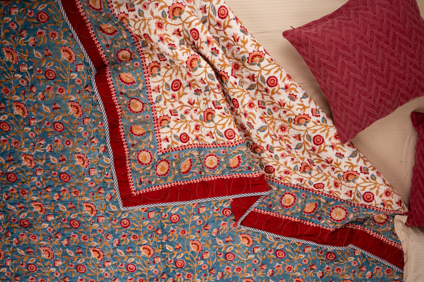 Blue blooming gardens - Handblock printed pure mulmul cotton reversible quilt