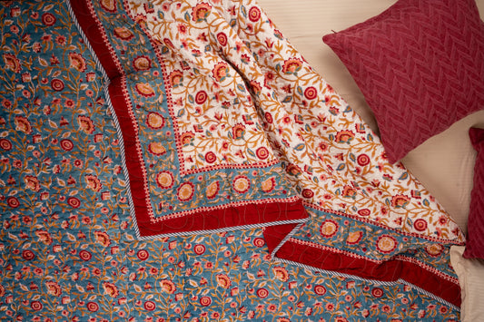 Blue blooming gardens - Handblock printed pure mulmul cotton reversible quilt