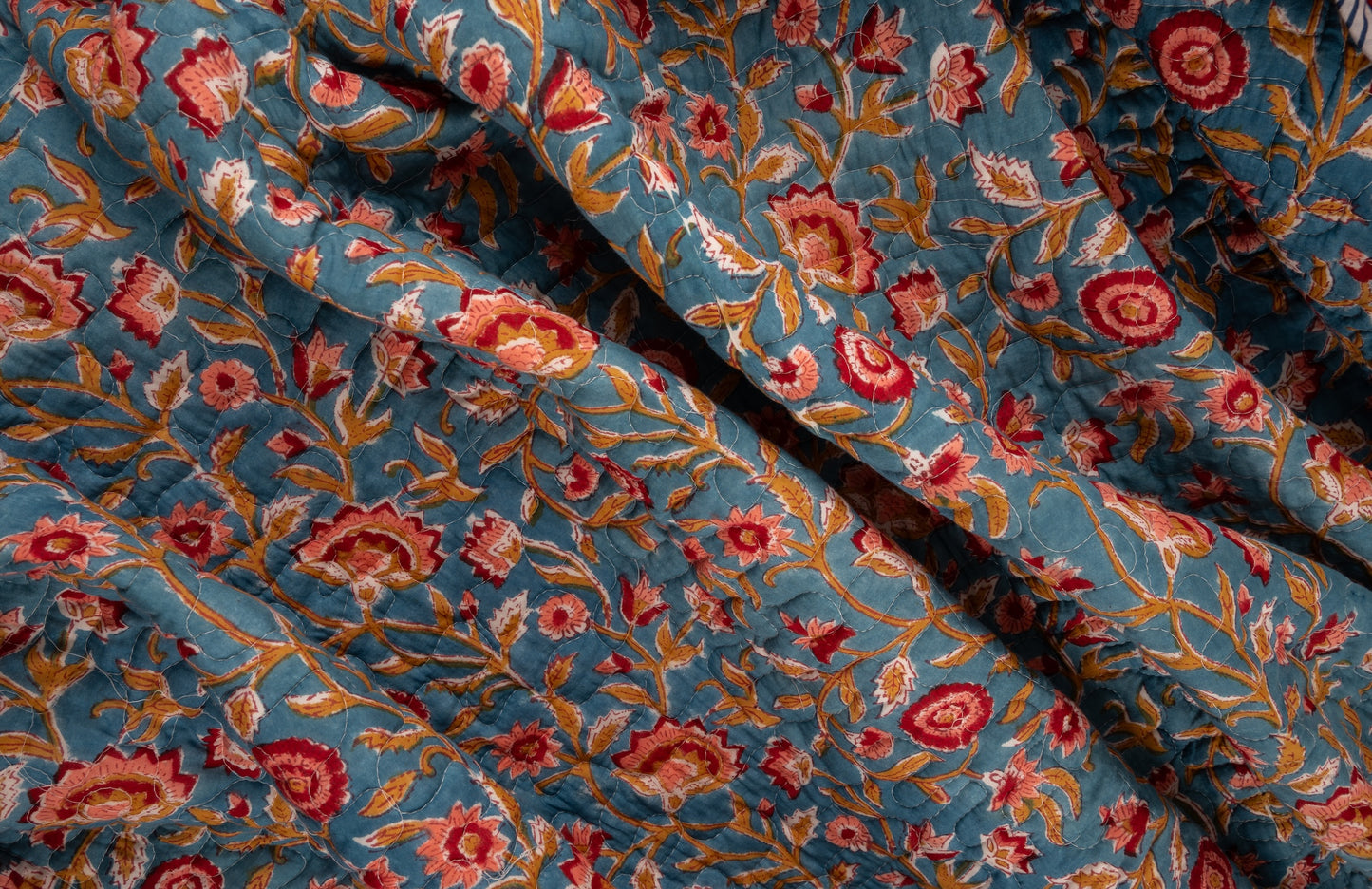 Blue blooming gardens - Handblock printed pure mulmul cotton reversible quilt